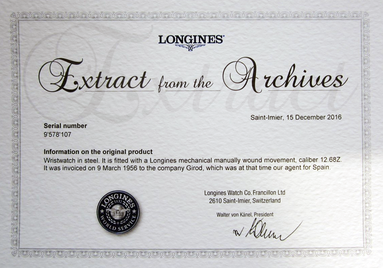 Сертификат, выданный часам Longines около  1956 г.в. 